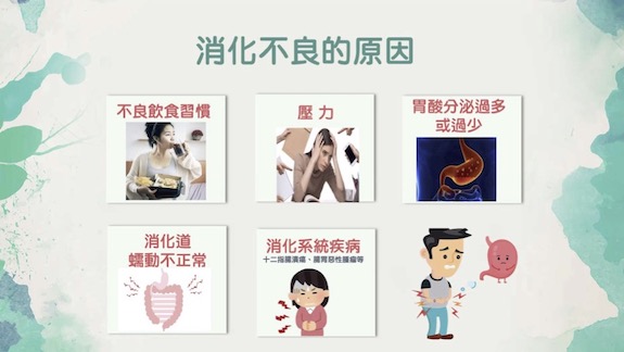消化不良的原因:不良的飲食習慣、壓力、胃酸分泌過多或過少、還有消化道的蠕動不正常等。